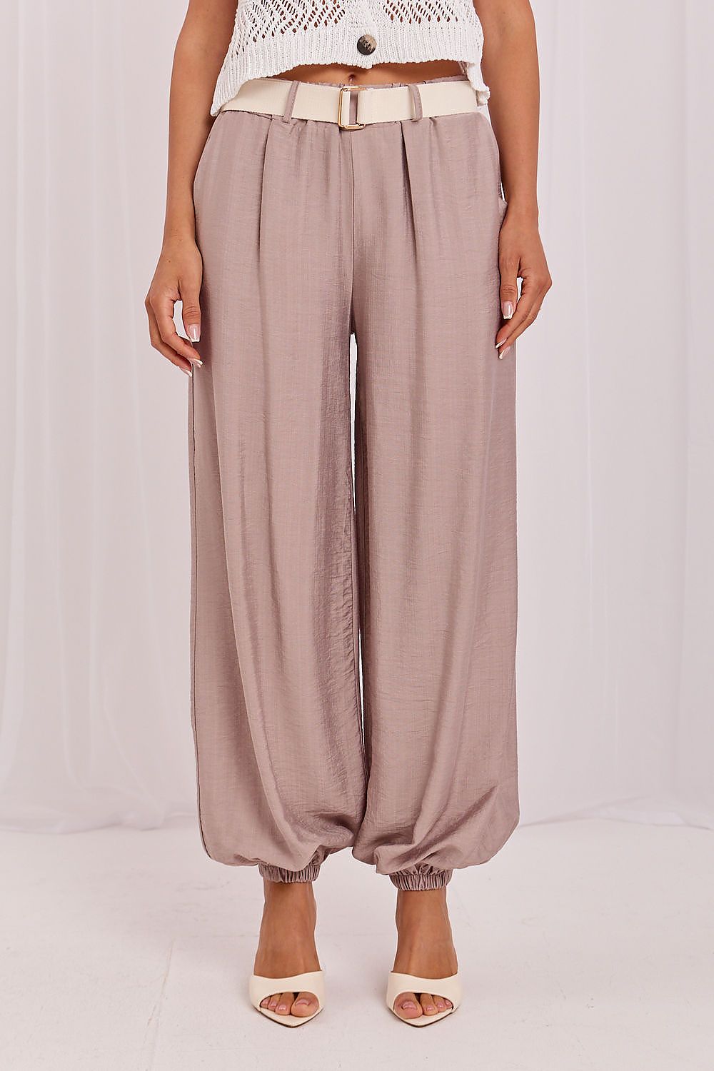 Γυναικείο Παντελόνι Jogger με Ζώνη – Μπεζ Taupe - PELAcollection